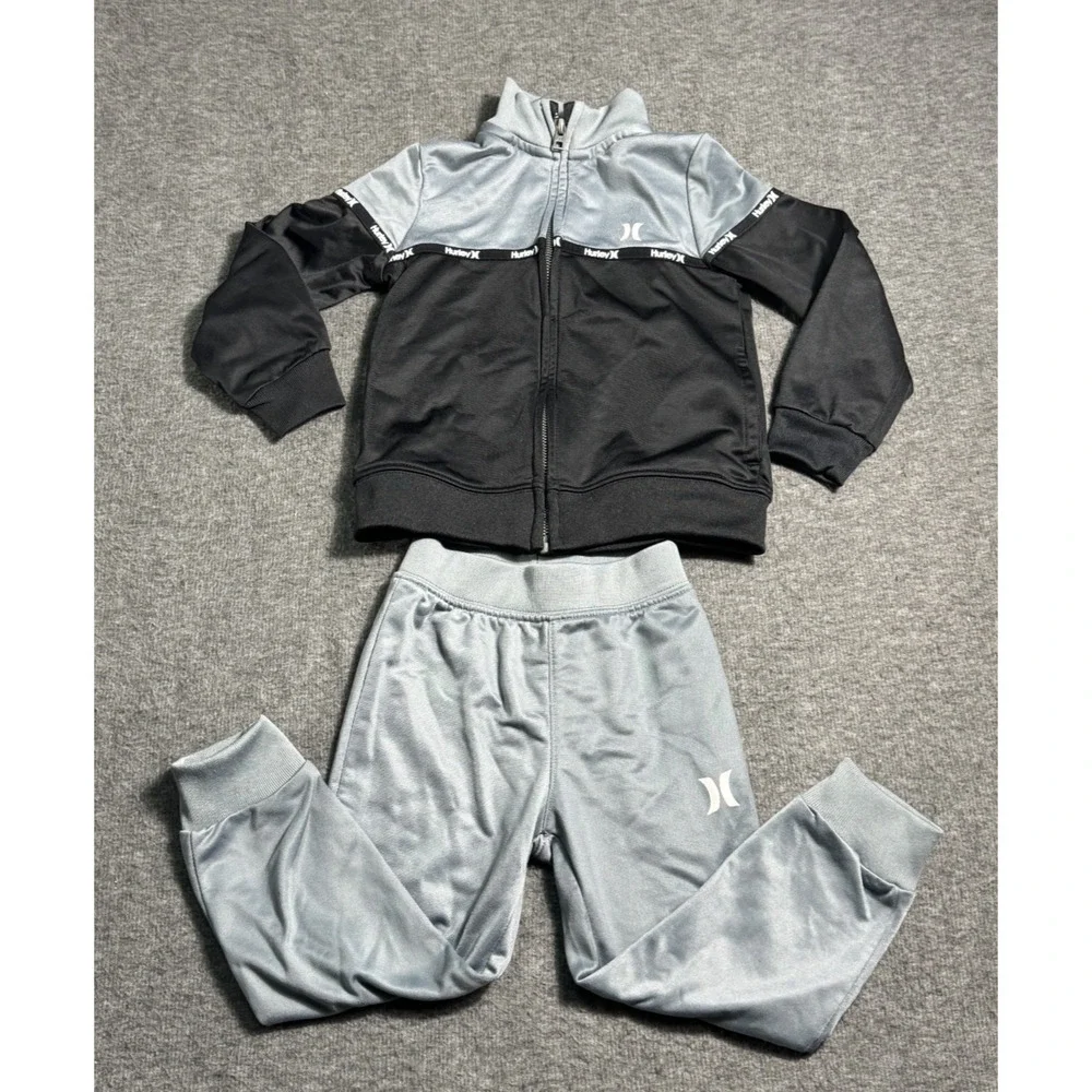 Hurley Gray & Black Colorblock 3-Piece Track Suit Joggers/Jacket/Henley 3T/4T